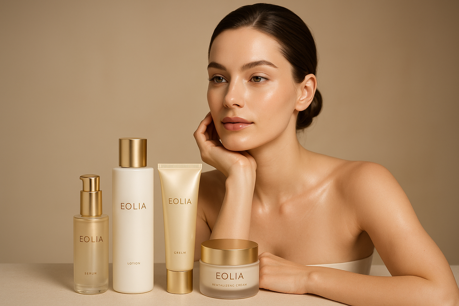 A high-end cosmetic advertisement photo, featuring an elegant light skin woman with smooth radiant skin, surrounded by luxurious skincare products labeled EOLIA. The packaging is minimalist, in shades of white, gold, and light gold for a chic and feminine look. The scene is softly lit with a professional studio background in warm neutral tones, giving a refined and premium aesthetic. No visible logos or external brands. Hyper-realistic photography, glossy lighting, editorial quality, 626×626.