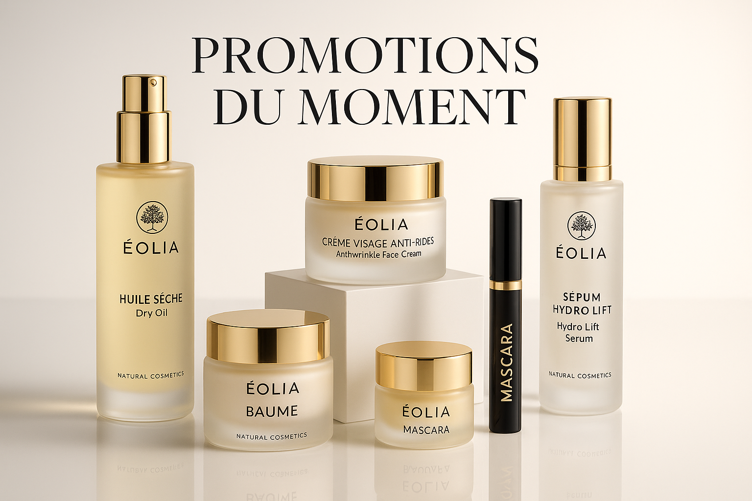 une image avec des produits cosmetique du marque EOLIA avec fond tres professionnel en disant les produits en promotion du moment